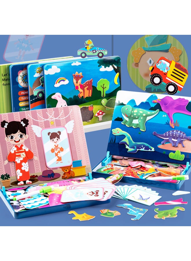 Magnetic Wooden Puzzle Box For Children Early Education Erasable And Paintable Brain Teaser Toy In Iron Case Educational Toys-Color:qy-dinosaur World - Image 2